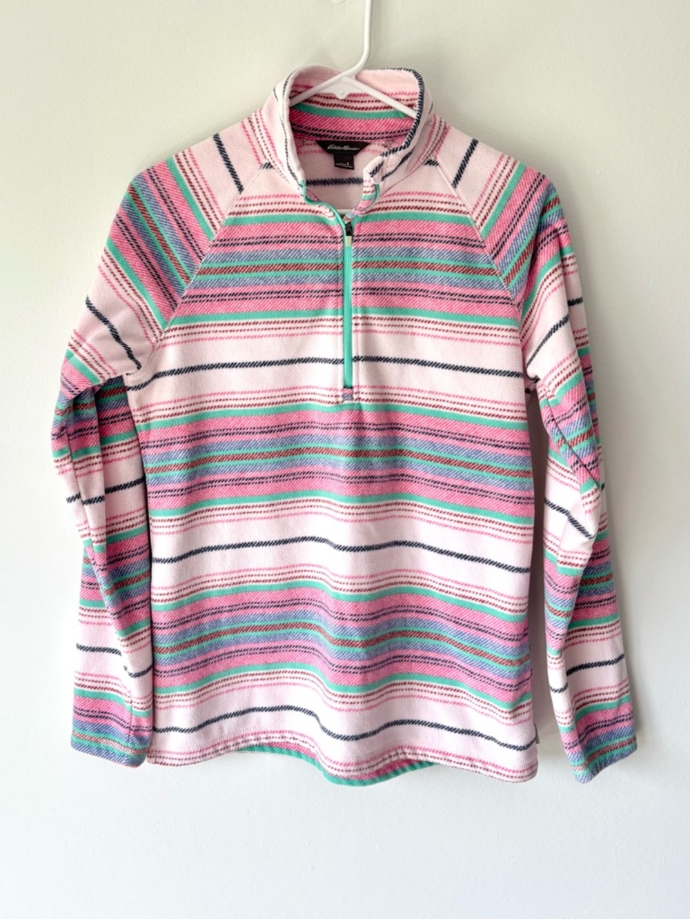 Eddie Bauer Fleece 1/4 Zip Pullover Pink Green Blue Stripes Outdoor Warm Active